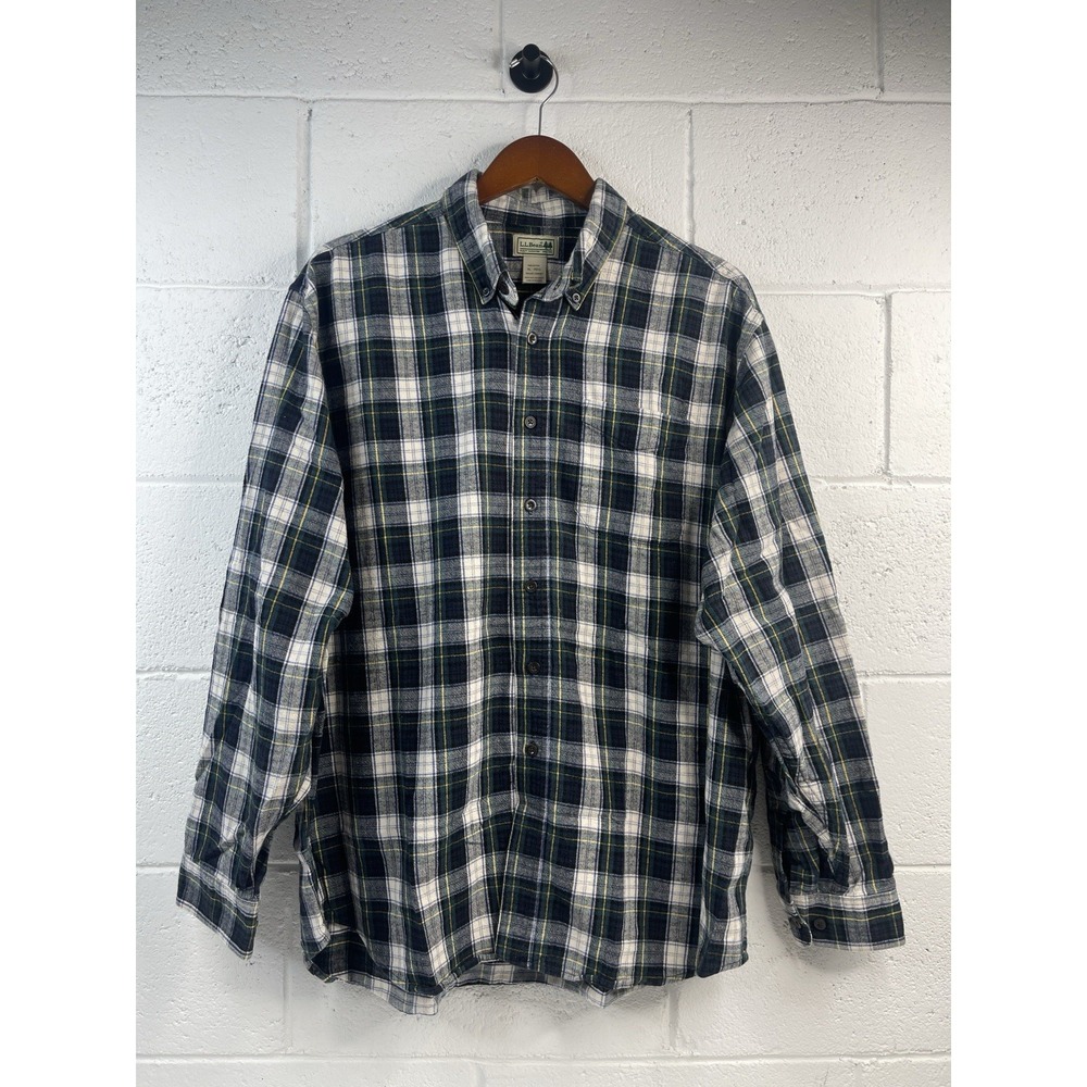 LL Bean Mens M Reg Flannel Button Up Shirt 100% Cotton Navy Blue Green Plaid XL